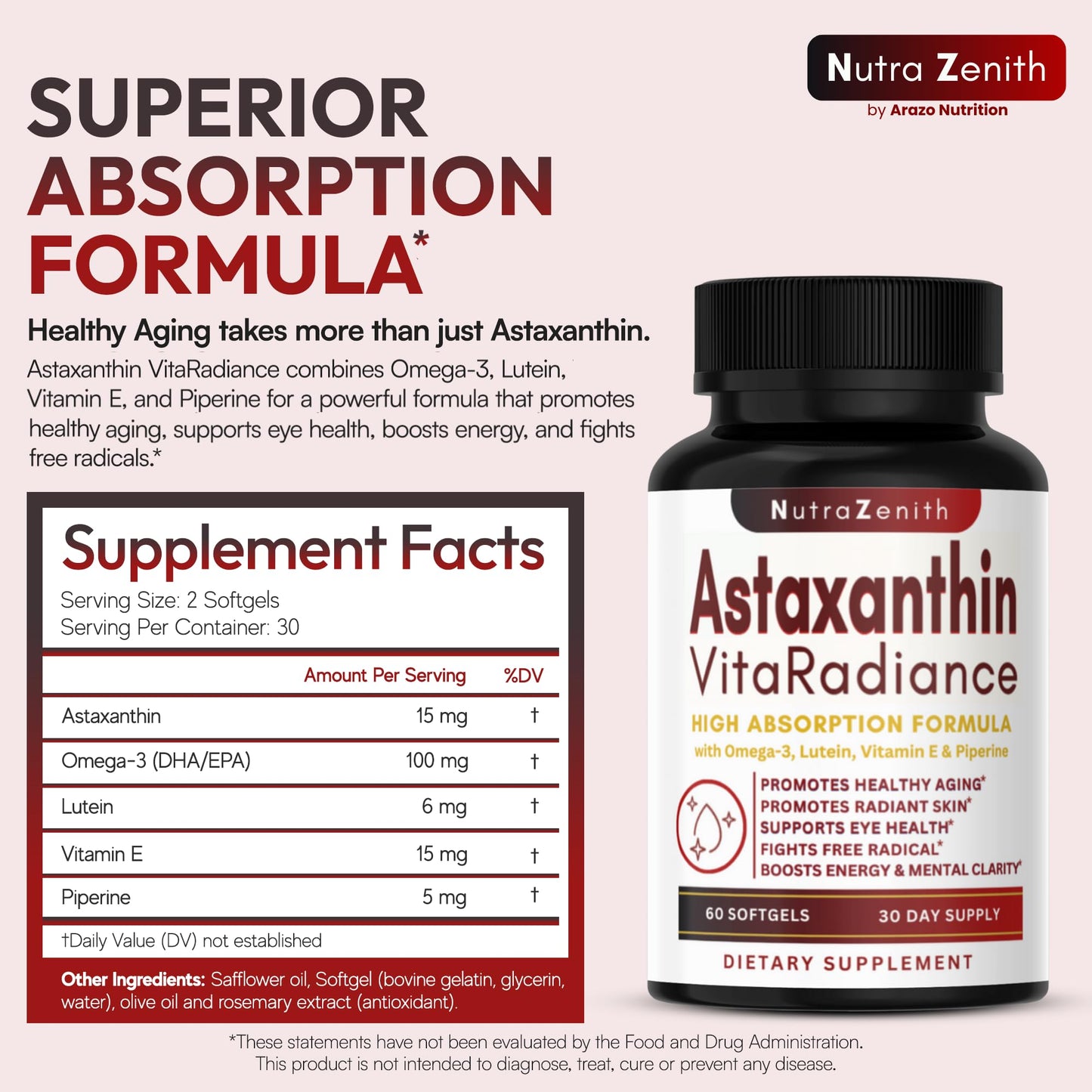 Astaxanthin Supplement with Omega-3, Vitamin E & Lutein – 60 Capsules | Antioxidant Support & Energy