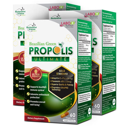 LABO Nutrition Brazilian Green Propolis Ultimate – 28 mg Artepillin C, 20 mg Flavonoids, 60 Veg Caps (three-pack)