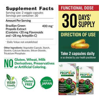 LABO Nutrition Brazilian Green Propolis Ultimate – 28 mg Artepillin C, 20 mg Flavonoids, 60 Veg Caps (three-pack)