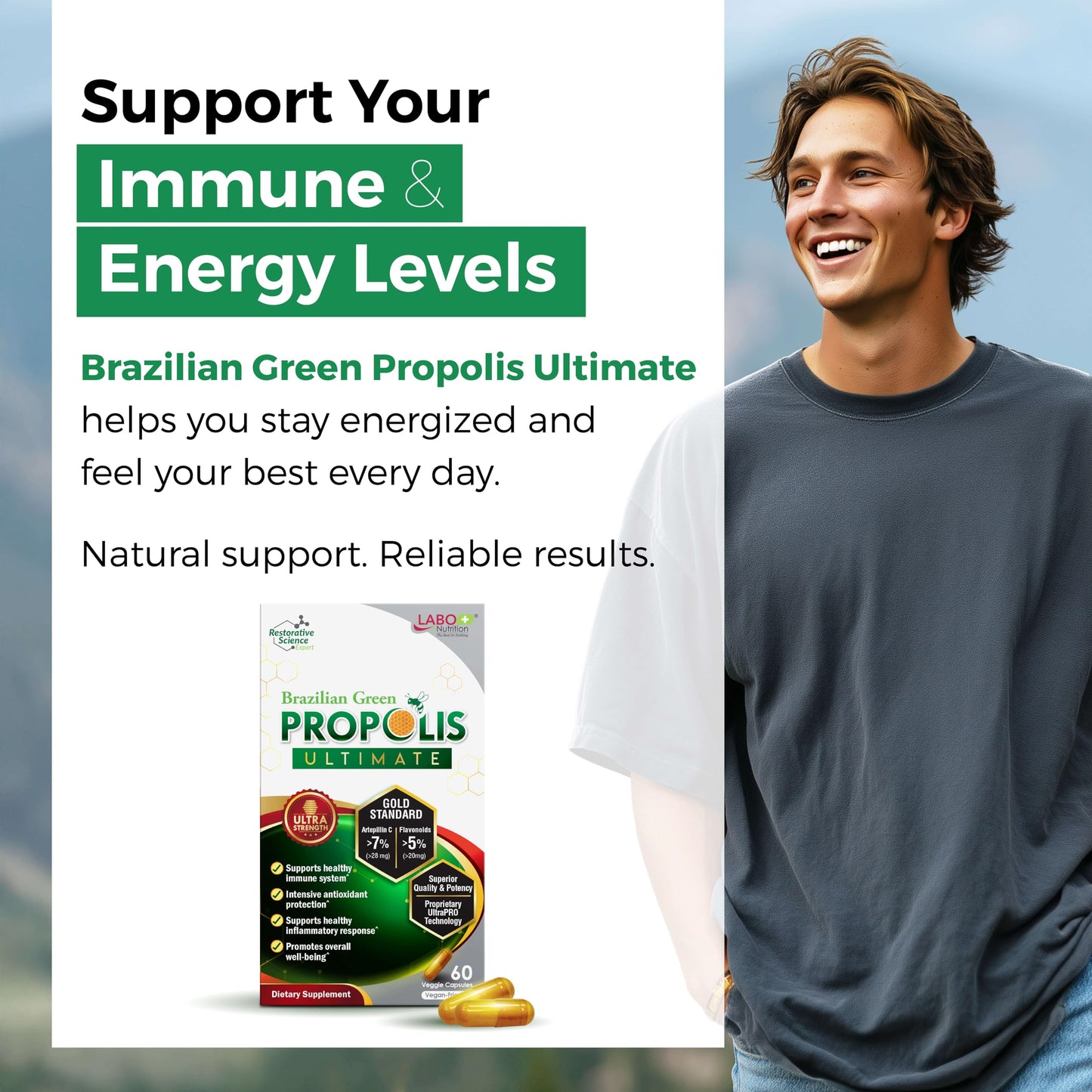 LABO Nutrition Brazilian Green Propolis Ultimate – 28 mg Artepillin C, 20 mg Flavonoids, 60 Veg Caps (three-pack)