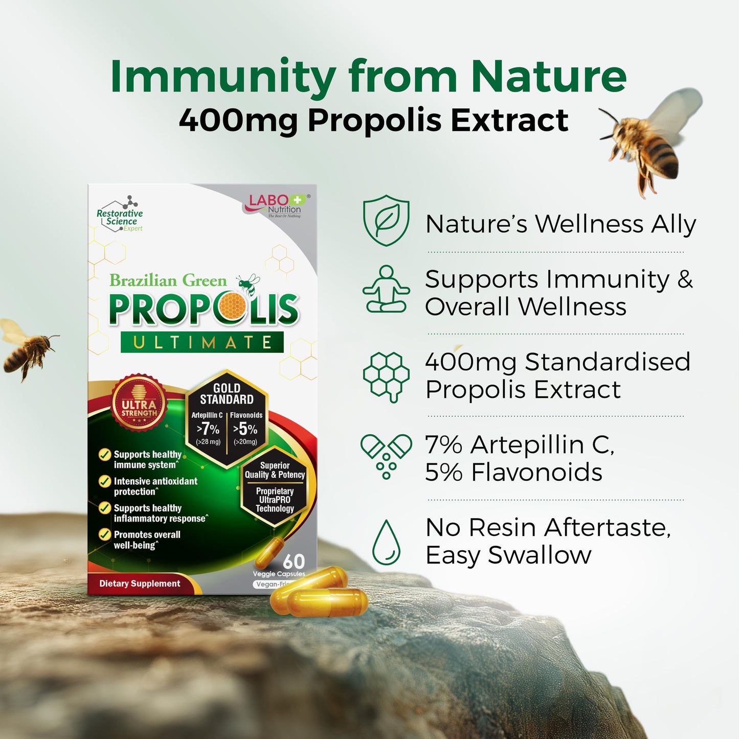 LABO Nutrition Brazilian Green Propolis Ultimate – 28 mg Artepillin C, 20 mg Flavonoids, 60 Veg Caps (three-pack)