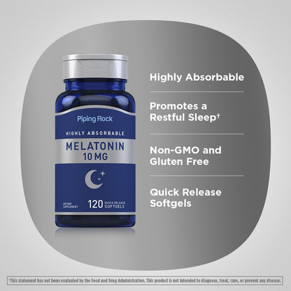 Piping Rock Melatonin 10mg | 120 Softgel Capsules | Quick Release Supplement | Highly Absorbable | Non-GMO, Gluten Free