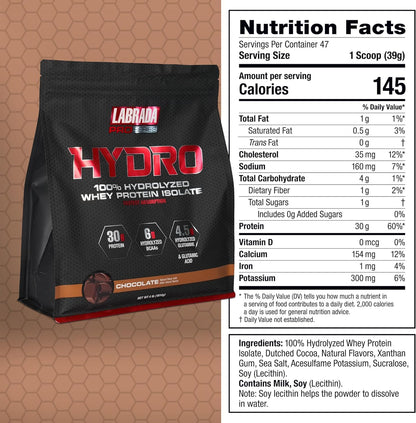 LABRADA Hydro 100% Pure Hydrolyzed Whey Protein Isolate Powder – Lactose Free, Gluten Free, Chocolate, 47 Servings, 4 lb