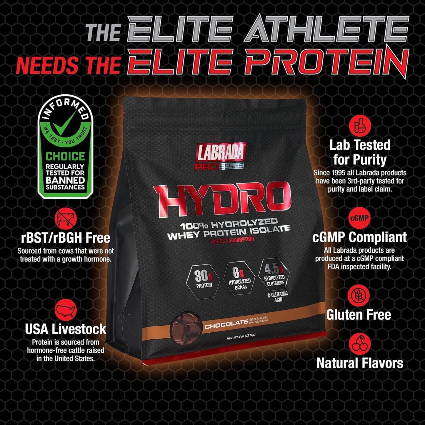 LABRADA Hydro 100% Pure Hydrolyzed Whey Protein Isolate Powder – Lactose Free, Gluten Free, Chocolate, 47 Servings, 4 lb