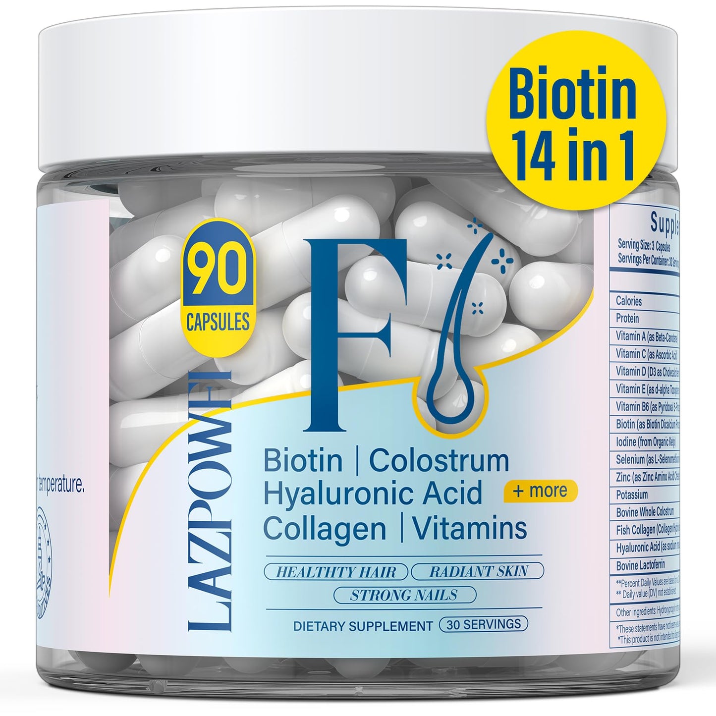 Lazpowfi Hair, Skin & Nails Vitamins – Biotin 10,000mcg + Collagen (90 Capsules)