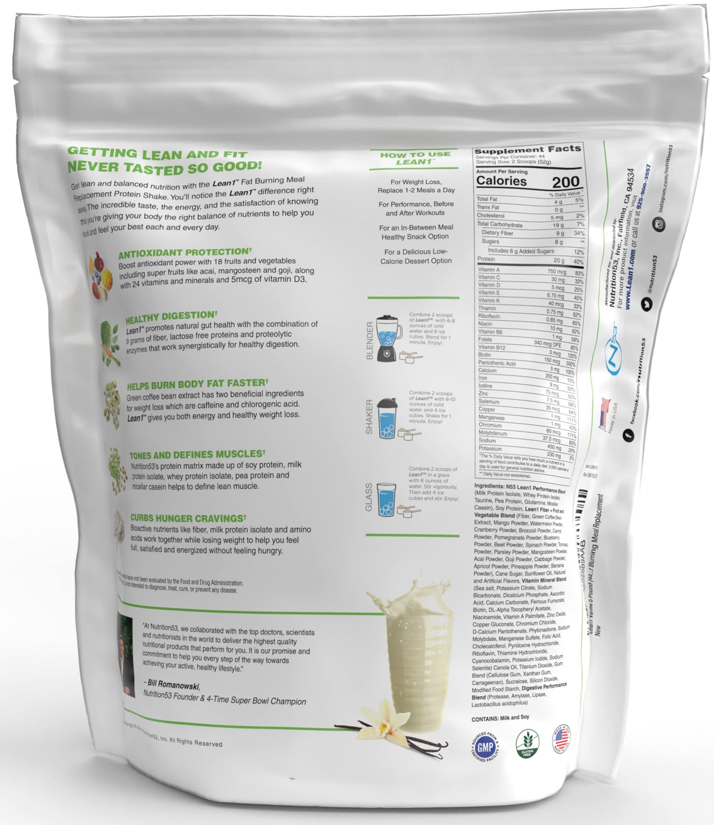 Lean1 Vanilla Meal Replacement Shake – 44 Servings (5 lb Bag)