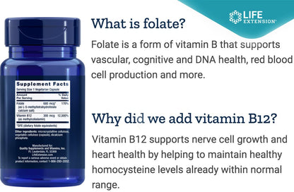 Life Extension BioActive Folate & Vitamin B12 – 150 Vegetarian Capsules | Non-GMO, Gluten Free