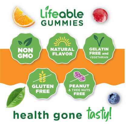Lifeable Ashwagandha Gummies with Lemon Balm & Ginseng | Equivalent to 2100mg | Vegan Non GMO Ashwagandha Supplement | for Women and Men | 60 Gummies