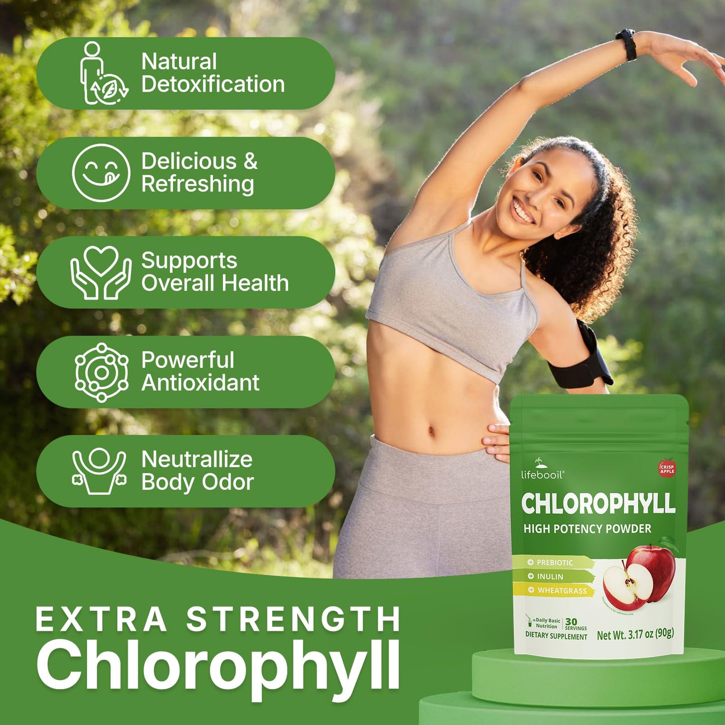 Lifebooil Chlorophyll Powder 120mg – Alkalization, Gut Health & Clean Energy (30 Servings)