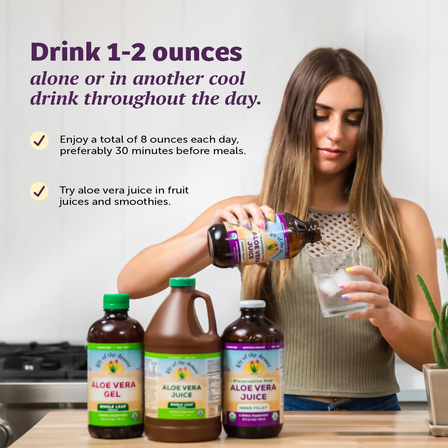 Lily Of The Desert Aloe Vera Gel, Preservative Free - Whole Leaf Filtered Thicker Consistency Aloe Vera Drink with Natural Vitamins, Digestive Enzymes for Gut Health, Wellness, Glowing Skin, 32 Fl Oz