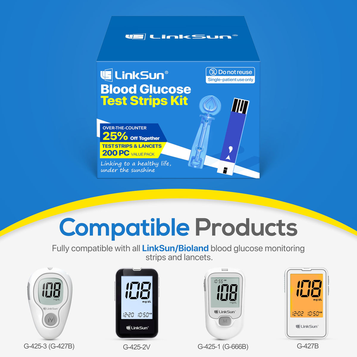 شرائط اختبار LinkSun عدد 100 + إبر وخز عدد 100 لجهاز قياس الجلوكوز G-425/G-427B