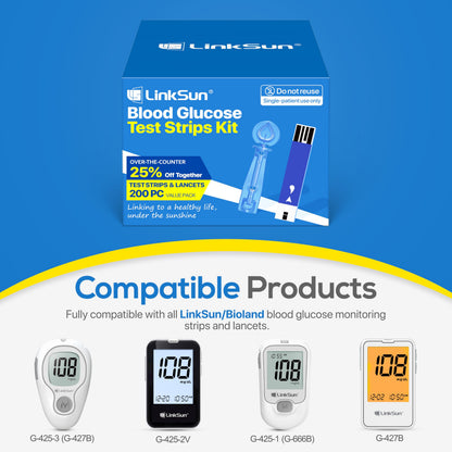 شرائط اختبار LinkSun عدد 100 + إبر وخز عدد 100 لجهاز قياس الجلوكوز G-425/G-427B