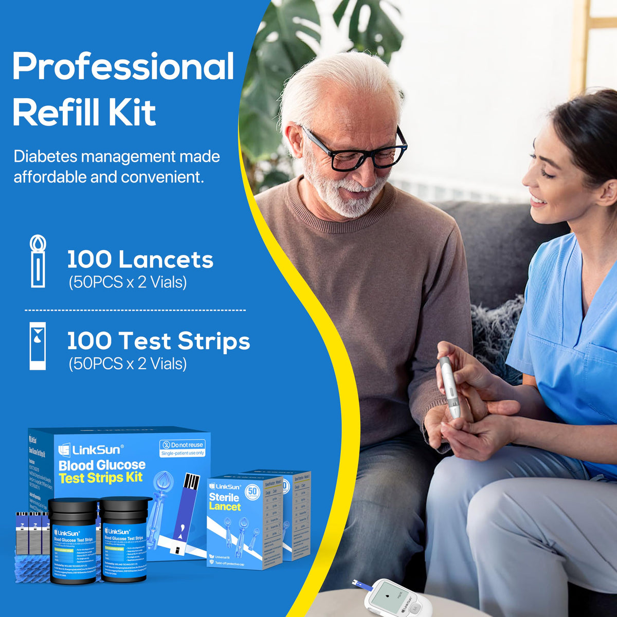 شرائط اختبار LinkSun عدد 100 + إبر وخز عدد 100 لجهاز قياس الجلوكوز G-425/G-427B