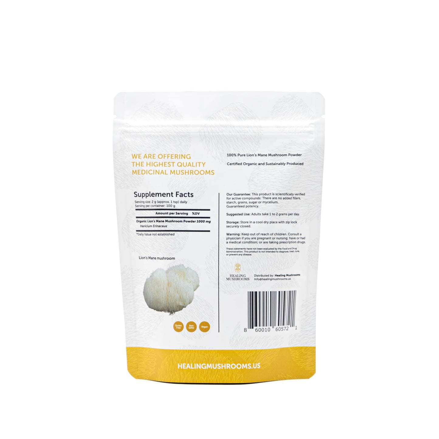 Healing Mushrooms Lion's Mane Pure Powder – Brain Superfood for Clarity, Memory & Focus (100 g)