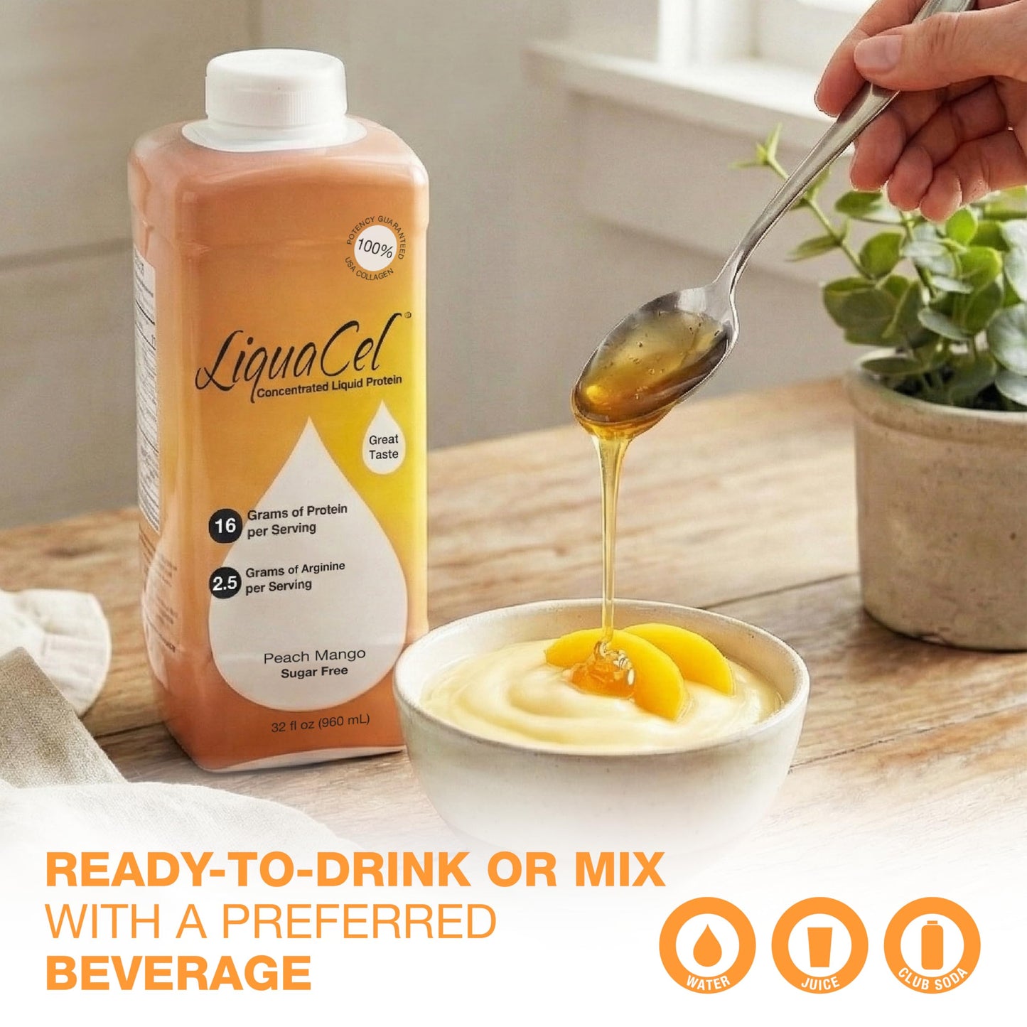 LiquaCel Concentrated Liquid Protein – Peach Mango, 32 oz Bottle, 6-Pack | 16 g Collagen + 2.5 g Arginine per 1 oz