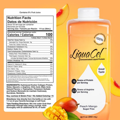 LiquaCel Concentrated Liquid Protein – Peach Mango, 32 oz Bottle, 6-Pack | 16 g Collagen + 2.5 g Arginine per 1 oz