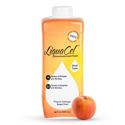LiquaCel Concentrated Liquid Protein – Peach Mango, 32 oz Bottle, 6-Pack | 16 g Collagen + 2.5 g Arginine per 1 oz