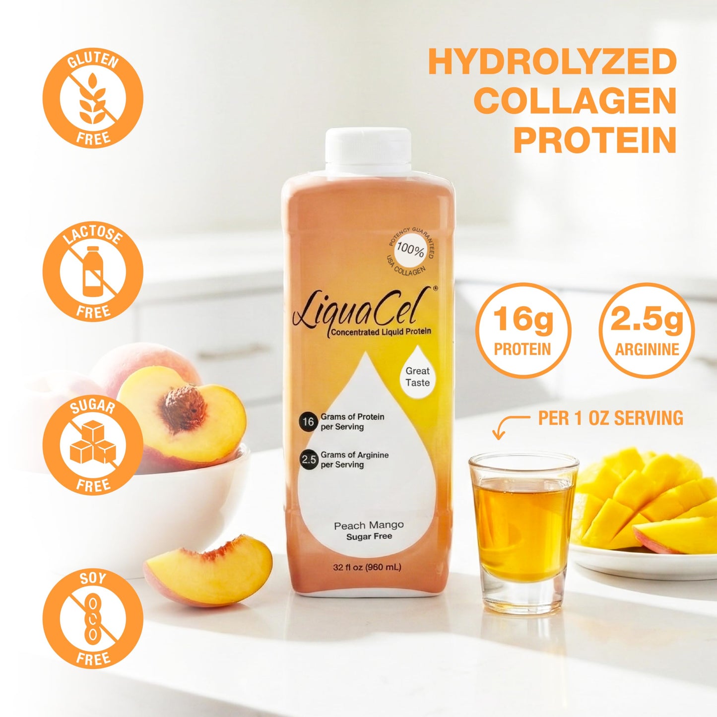 LiquaCel Concentrated Liquid Protein – Peach Mango, 32 oz Bottle, 6-Pack | 16 g Collagen + 2.5 g Arginine per 1 oz