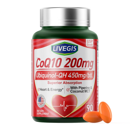LIVEGIS CoQ10 200mg Softgels (90 Count) - Ubiquinone with MCT Oil for Heart Health & Energy
