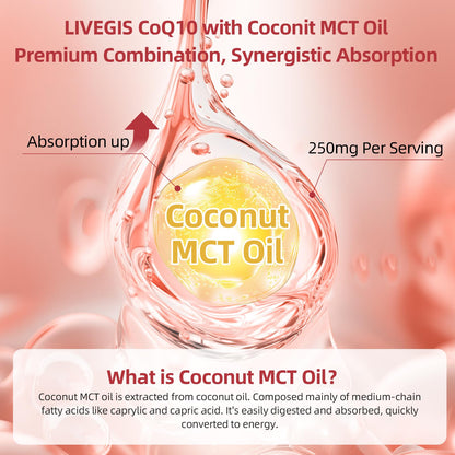 LIVEGIS CoQ10 200mg Softgels (90 Count) - Ubiquinone with MCT Oil for Heart Health & Energy