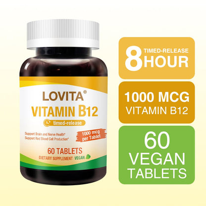 LOVITA Vitamin B12 1000 mcg | Timed Release, Vegan, Supports Nervous System | 60 Tablets (2 Month Supply)