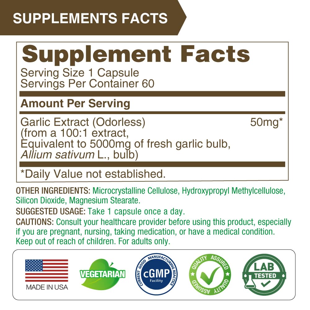 LOVITA Odorless Garlic Extract, 5000mg Fresh Garlic Equivalent, Standardized to 1.25% Allicin, Supports Heart, Blood Pressure, Cholesterol & Immune System, Non-GMO, Gluten-Free, 60 Vegan Capsules