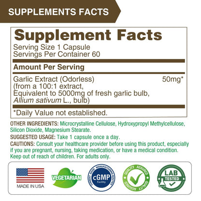 LOVITA Odorless Garlic Extract, 5000mg Fresh Garlic Equivalent, Standardized to 1.25% Allicin, Supports Heart, Blood Pressure, Cholesterol & Immune System, Non-GMO, Gluten-Free, 60 Vegan Capsules