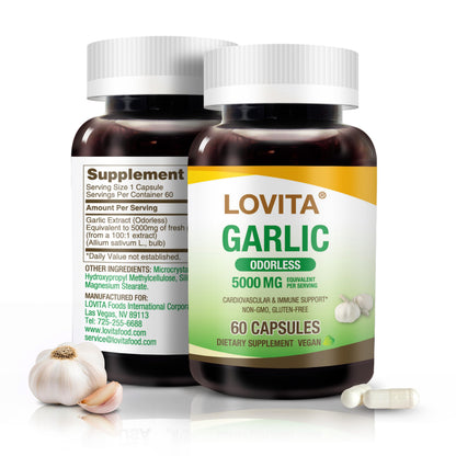 LOVITA Odorless Garlic Extract, 5000mg Fresh Garlic Equivalent, Standardized to 1.25% Allicin, Supports Heart, Blood Pressure, Cholesterol & Immune System, Non-GMO, Gluten-Free, 60 Vegan Capsules