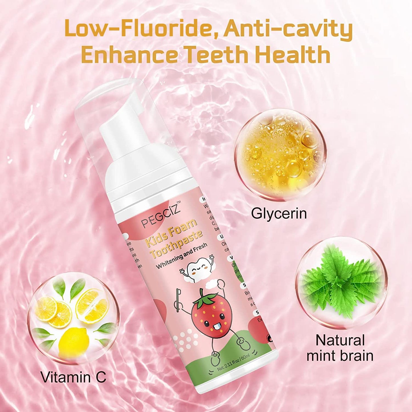 Foam Toothpaste Kids 2 Pack – Low Fluoride Toddler Toothpaste for U-Shaped Toothbrushes, Strawberry Flavor