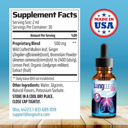 LUNG CLEAR PRO Lung Support Drops with Wild Mullein Leaf – 2 fl oz (6 Bottles)