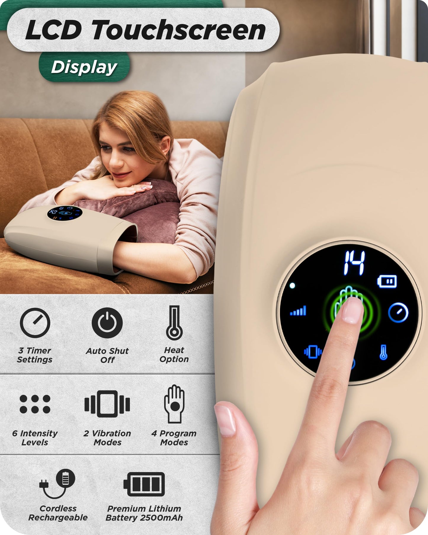 Lunix LX7 Hand Massager – LCD Touchscreen, Heated Air, Cordless