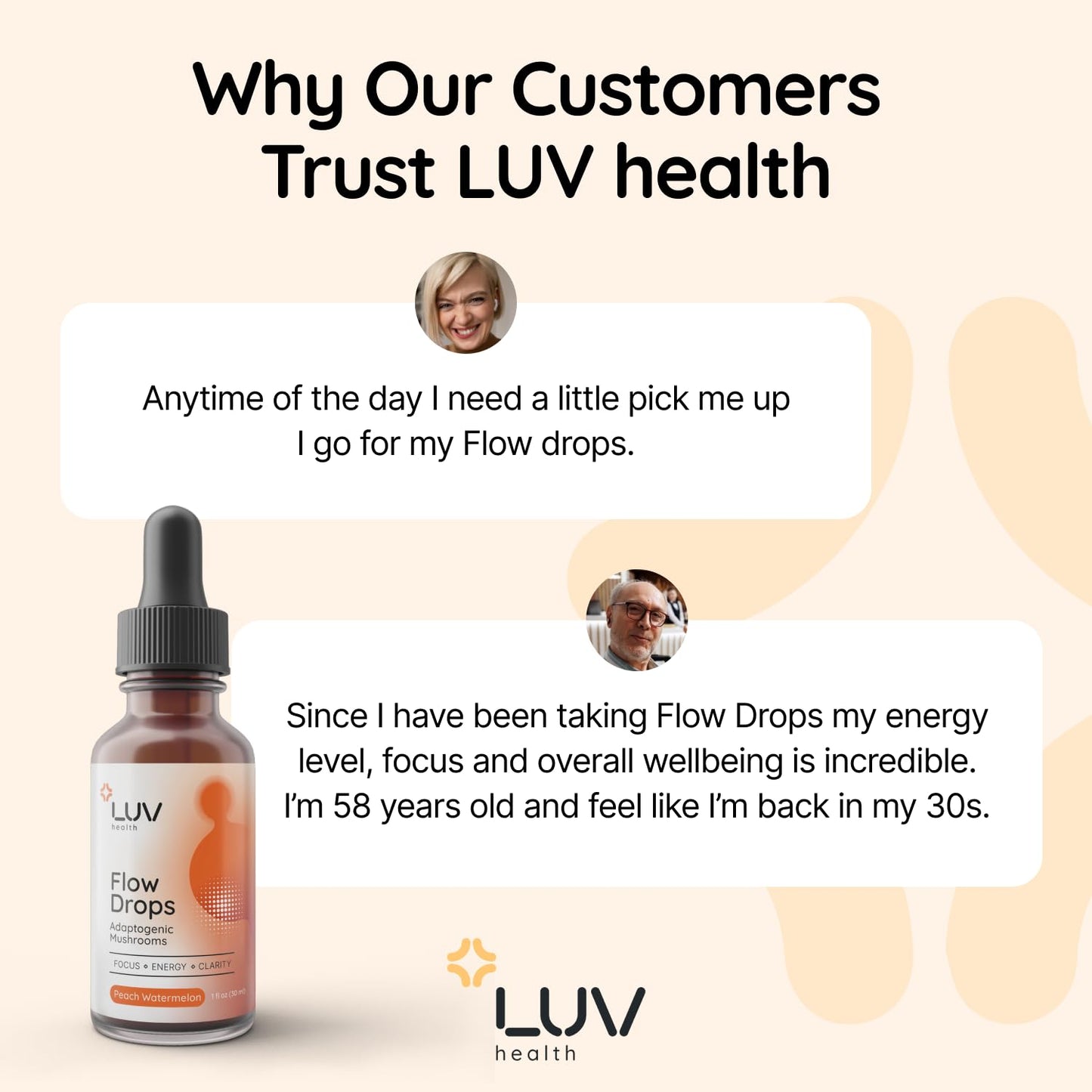 LUV health Flow Drops® – Energy & Focus with Adaptogenic Mushrooms | Vegan, Made in USA | 90 Servings