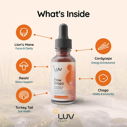 LUV health Flow Drops® – Energy & Focus with Adaptogenic Mushrooms | Vegan, Made in USA | 90 Servings