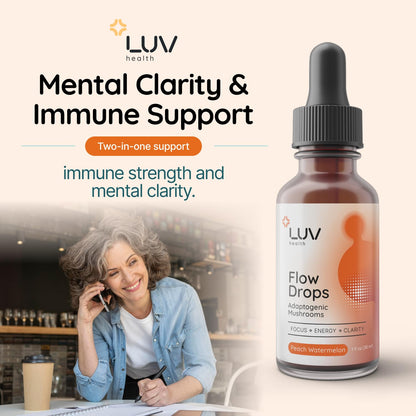LUV health Flow Drops® – Energy & Focus with Adaptogenic Mushrooms | Vegan, Made in USA | 90 Servings