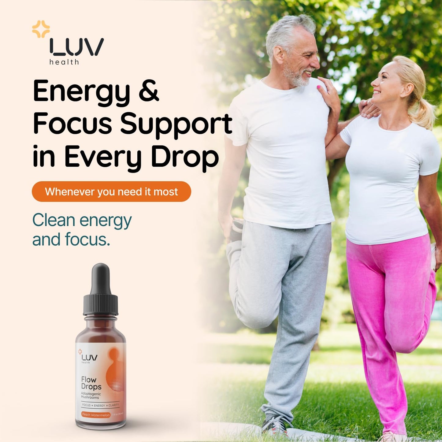 LUV health Flow Drops® – Energy & Focus with Adaptogenic Mushrooms | Vegan, Made in USA | 90 Servings