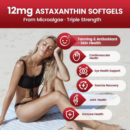 Astaxanthin 12mg – 240 Softgels | Haematococcus Pluvialis 10-in-1 Antioxidant for Eyes, Joints & Skin
