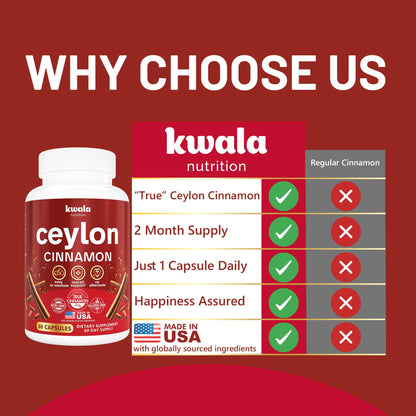Kwala Nutrition Ceylon Cinnamon – Organic Cinnamon for Heart & Antioxidant Support | 60 Capsules
