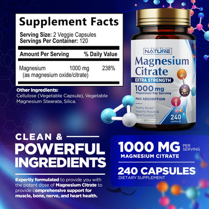 Magnesium Citrate 1000mg – Max Absorption, Vegan & Gluten-Free – 240 Capsules | Built By Nature