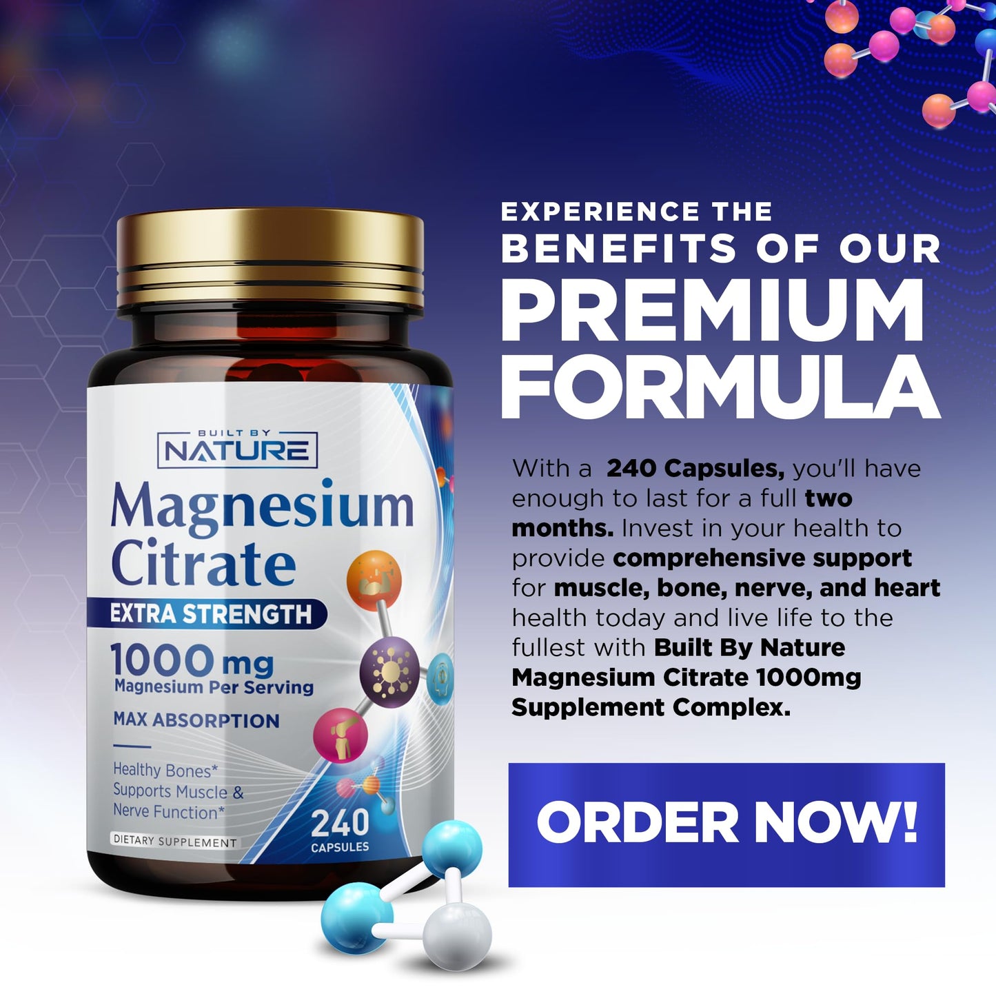 Magnesium Citrate 1000mg – Max Absorption, Vegan & Gluten-Free – 240 Capsules | Built By Nature