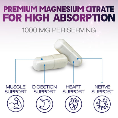 Magnesium Citrate Capsules 1000mg – High Absorption for Muscle, Nerve, Bone & Heart (60 Capsules)
