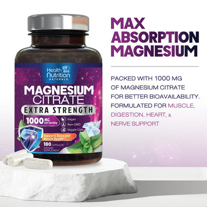 Magnesium Citrate Capsules 1000mg - High Absorption | 180 Caps