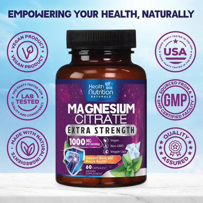 Magnesium Citrate Capsules 1000mg – High Absorption for Muscle, Nerve, Bone & Heart (60 Capsules)