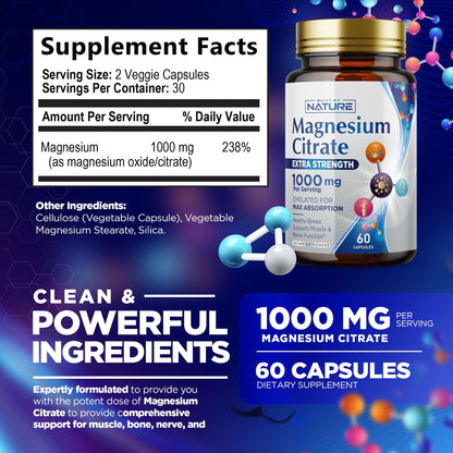 Magnesium Citrate 1000mg - Max Absorption & High Potency Magnesium Complex Supplement for Heart, Muscle, Nerve, Bone Health & Stress Relief - Non-GMO, Gluten-Free - 60 Vegan Capsules