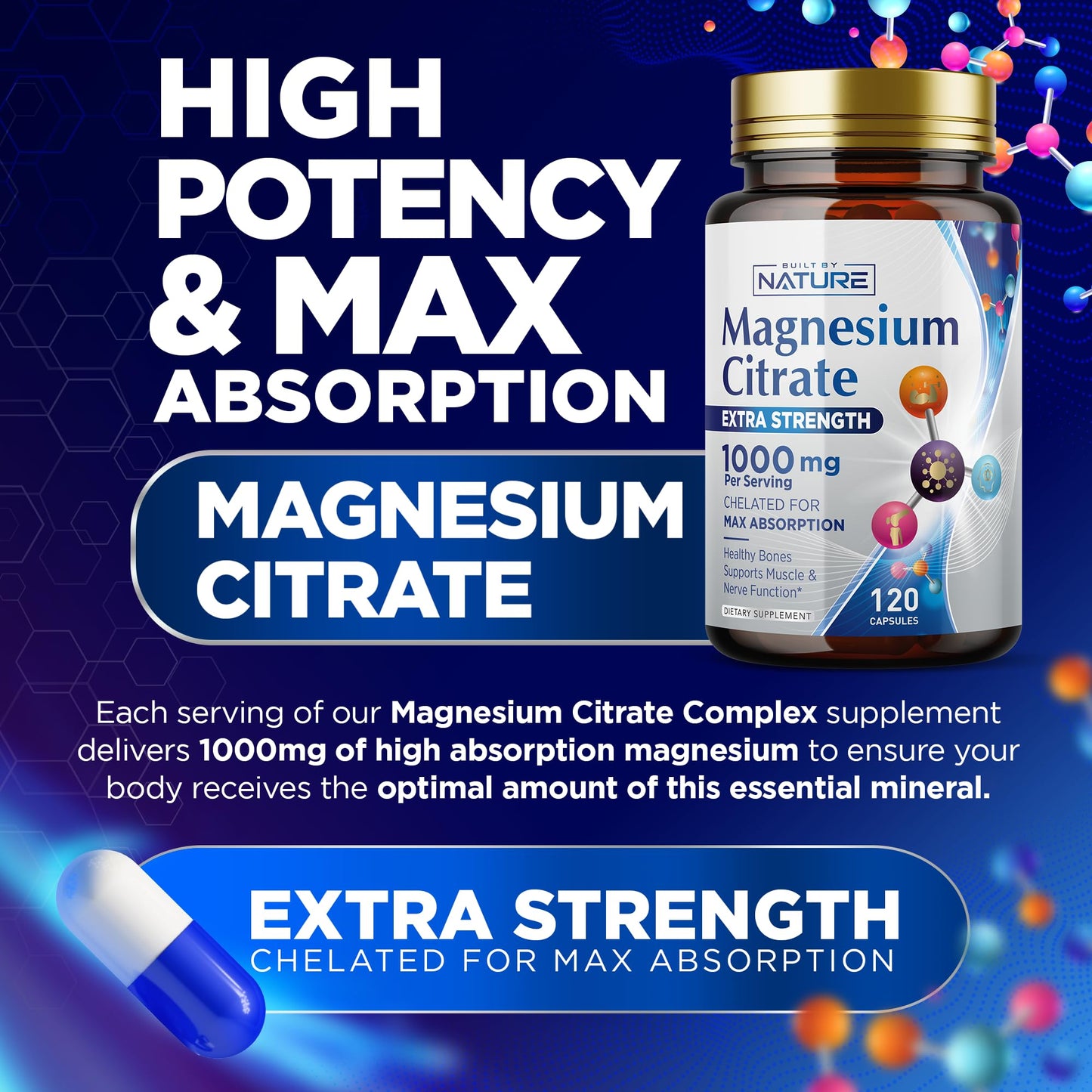 Magnesium Citrate 1000mg - High Absorption Magnesium Complex for Heart, Muscle, Nerve, Bone Health | Vegan, Non-GMO, Gluten-Free - 120 Capsules