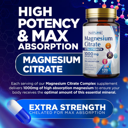 Magnesium Citrate 1000mg - High Absorption Magnesium Complex for Heart, Muscle, Nerve, Bone Health | Vegan, Non-GMO, Gluten-Free - 120 Capsules