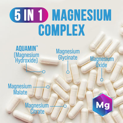 Magnesium Complex 500 mg – 5-in-1 High Absorption Chelated Magnesium Glycinate, Malate, Citrate, Oxide & Aquamin | Non-GMO, 60 Capsules