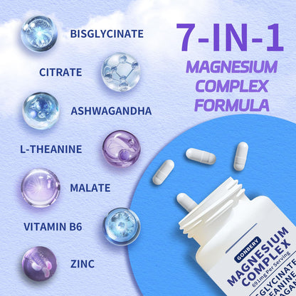 Magnesium Complex 7 in 1 with Ashwagandha & L-Theanine | High Absorption Bisglycinate, Citrate & Malate + Vitamin B6, Zinc | Support DeepCalm | Vegan, Gluten Free, 60 Servings