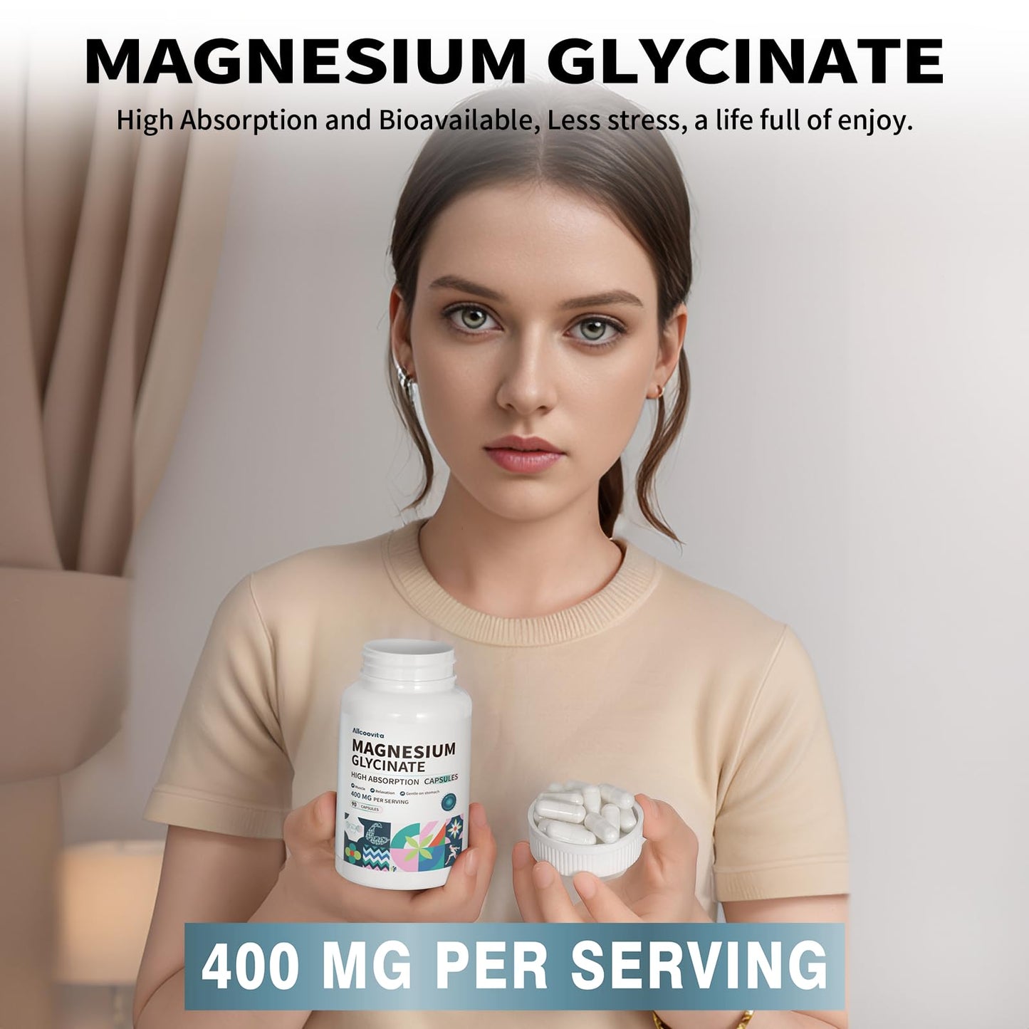 Magnesium Glycinate 400 MG per Serving | 90 Vegetarian Capsules | Chelated for High Absorption
