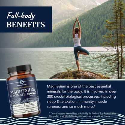 Magnesium Glycinate 400mg – Chelated Magnesium for Sleep, Calm & Muscle Support | 120 Ct