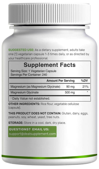 Magnesium Glycinate 500mg, 240 Veggie Capsules – Chelated, Non-GMO, Vegan Friendly